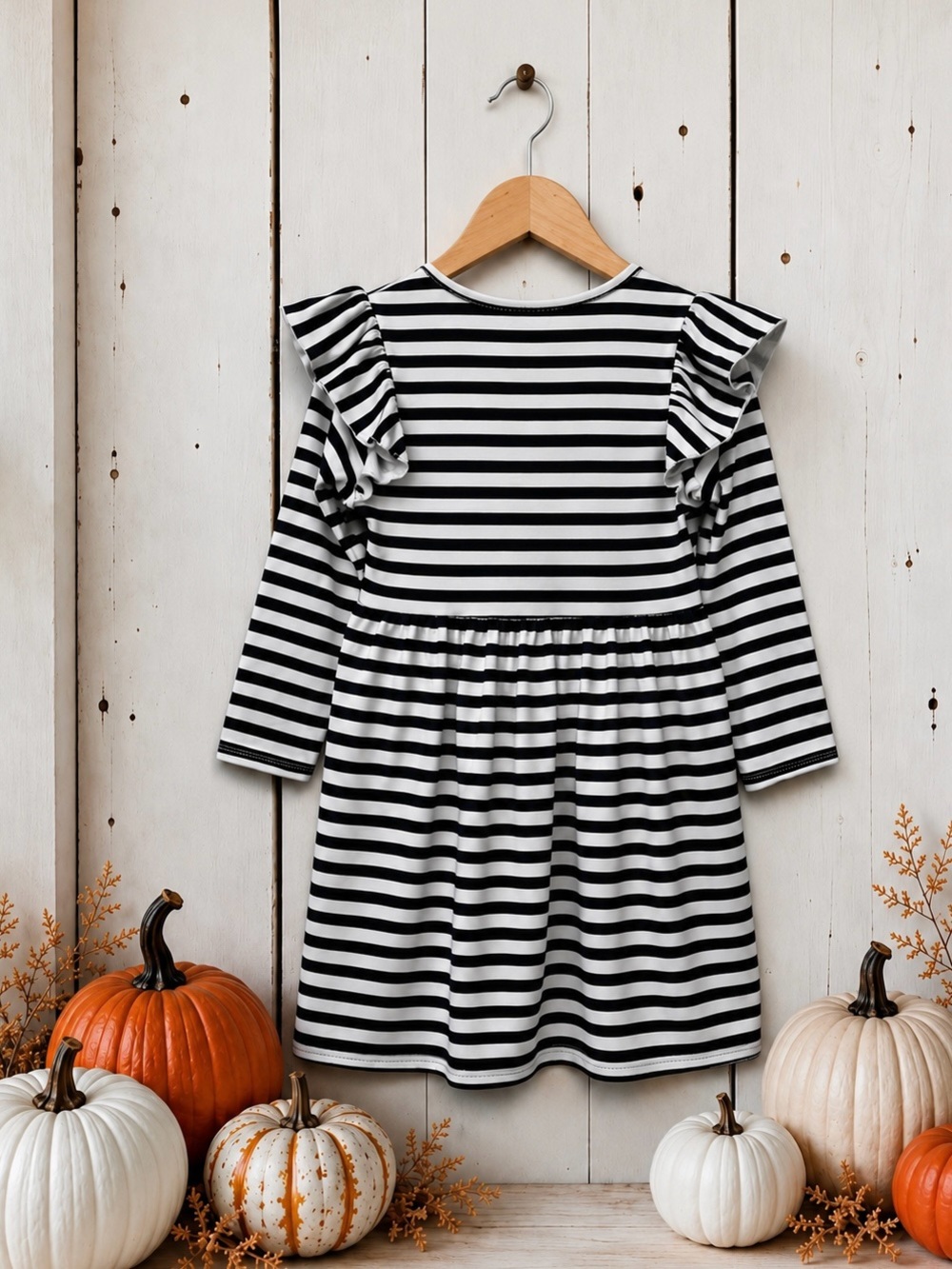 NWT Rylee Faith Designs Black White Stripe Flutter Sleeve Ghost Dress Girls 5/6 - Picture 2 of 6